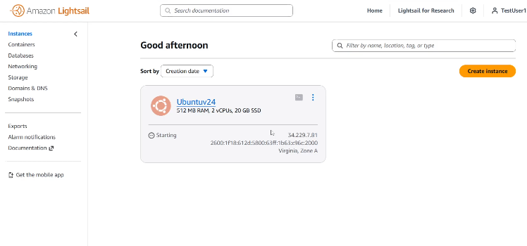 Tampilan dashboard AWS Lightsail, VPS sederhana untuk pemula di AWS.